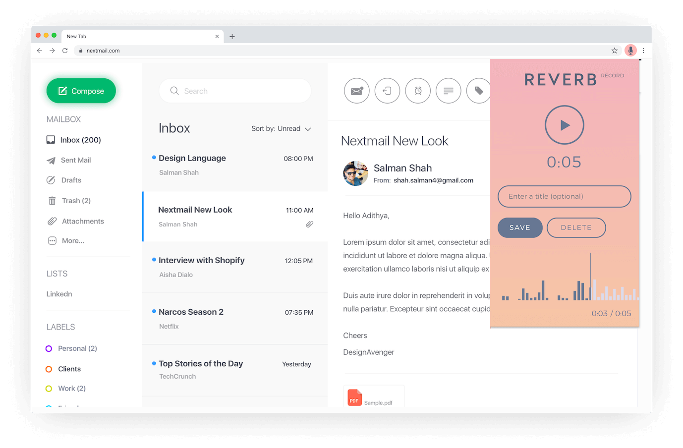 Reverb Record being used to add a voice recording to an email.
